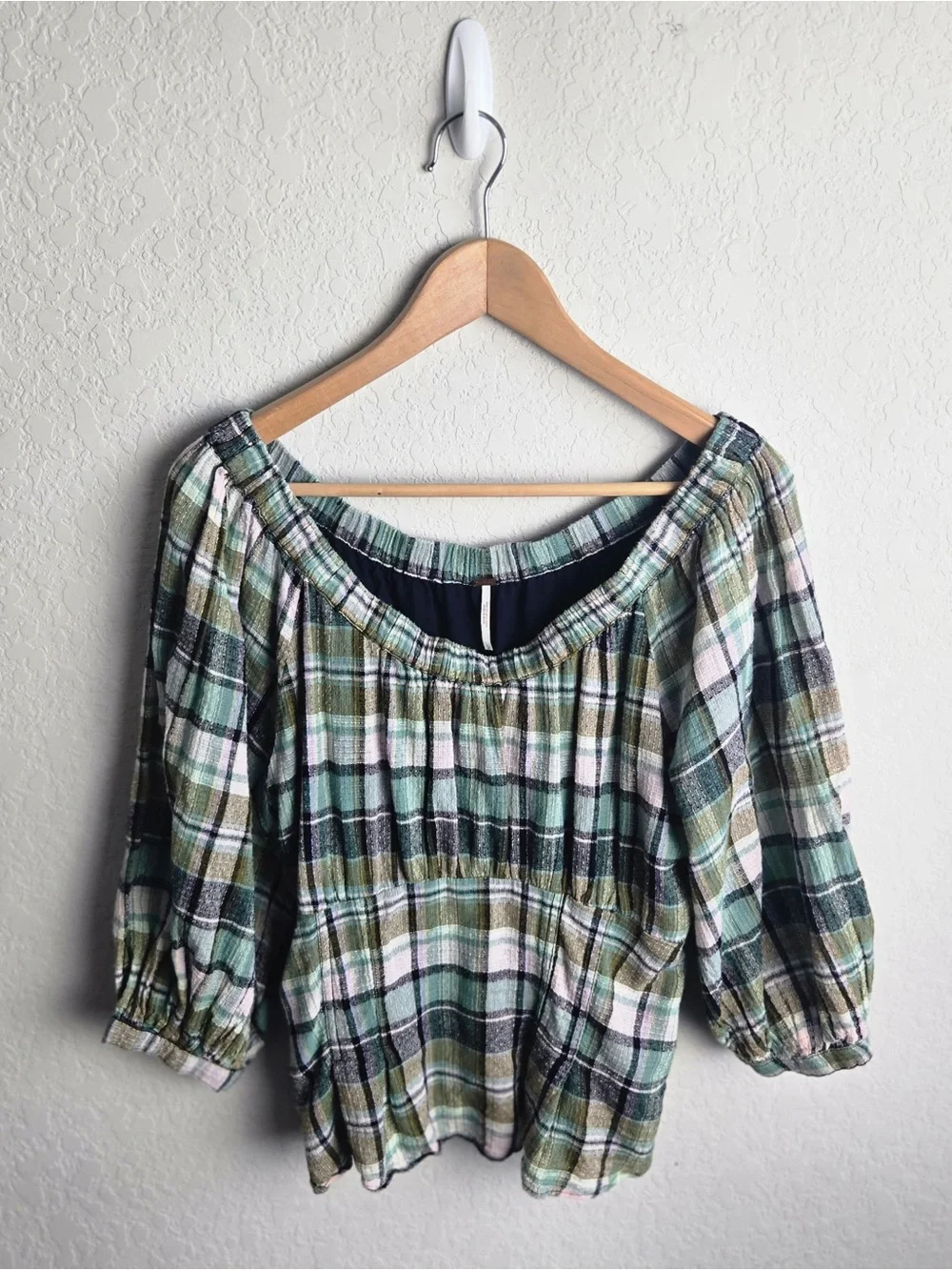 Free People Teagan Top L Teal Plaid Cotton Puff Sleeve Off Shoulder Peplum Boho